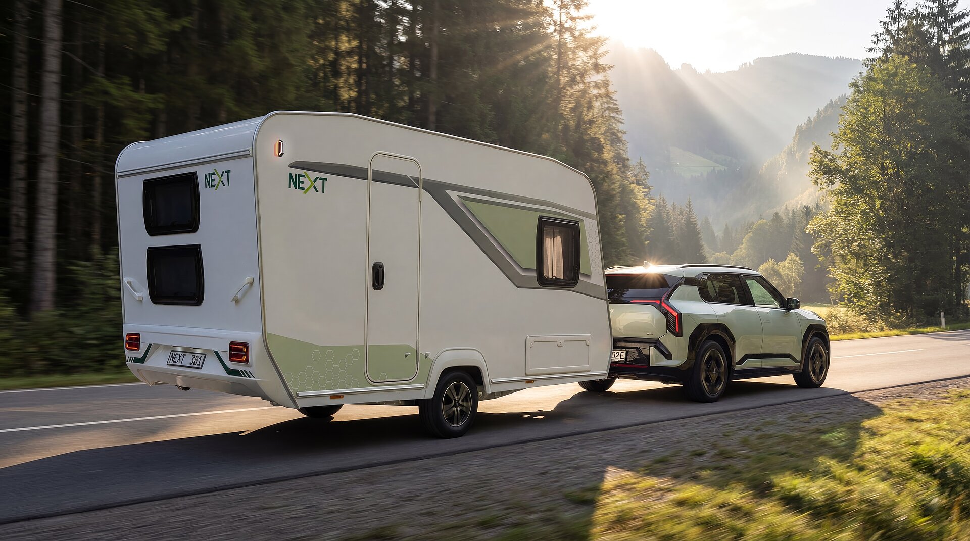 Caravan auf der Straße mit Auto. Hintergrund ki generiert