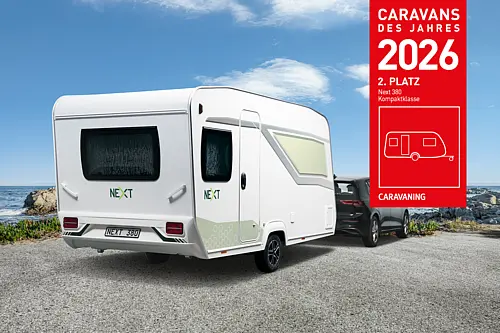 NEXT 380 Wohnwagen am Meer mit Auszeichnung 2 Platz Caravans des Jahres 2026 Kompaktklasse von Caravaning Magazin